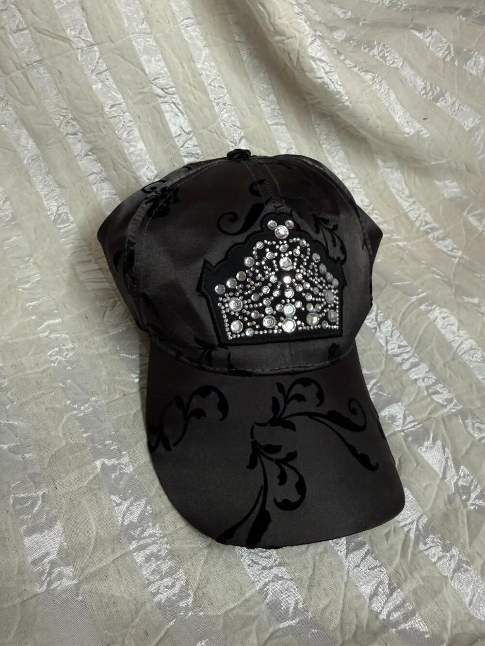 Disneyland Resort Rhinestone Tiara Crown Black Satin Damask Baseball Cap